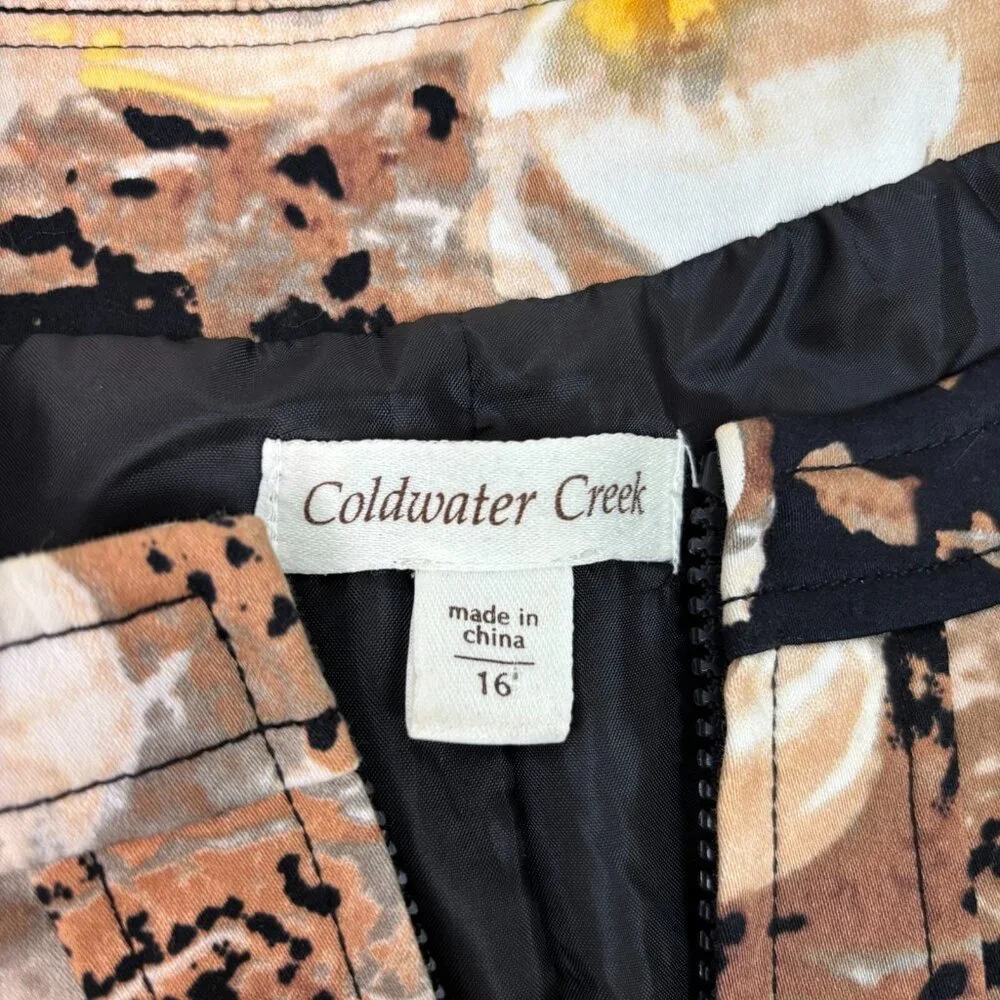 Coldwater Creek Jacket 16 Brown Yellow Floral Full-Zip 3/4 Sleeves Cotton Womens